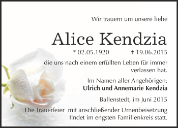 Traueranzeige von Alice Kendzia von WVG - Wochenspiegel Quedlinburg