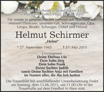 Traueranzeige von Helmut Schirmer von WVG - Wochenspiegel Bitterfeld