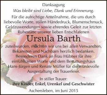 Traueranzeige von Ursula Barth von Super Sonntag Aschersleben