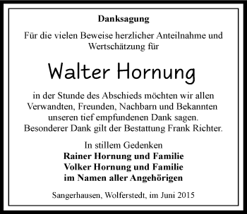 Traueranzeige von Walter Hornung von Mitteldeutsche Zeitung Sangerhausen