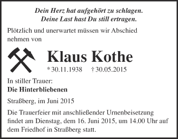 Traueranzeige von Klaus Kothe von WVG - Wochenspiegel Quedlinburg
