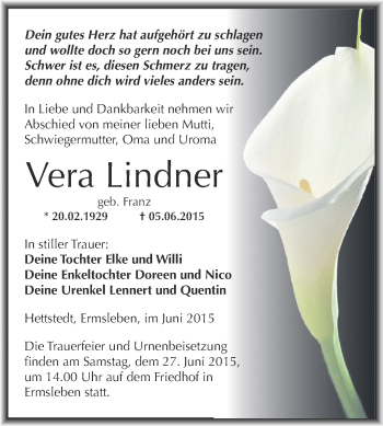 Traueranzeige von Vera Lindner von Wochenspiegel Mansfelder Land