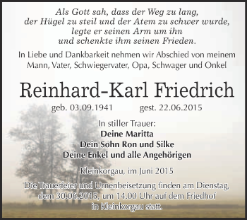 Traueranzeige von Reinhard-Karl  Friedrich von WVG - Wochenspiegel Wittenberg