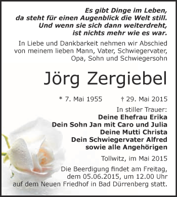 Traueranzeige von Jörg Zergiebel von Super Sonntag Merseburg