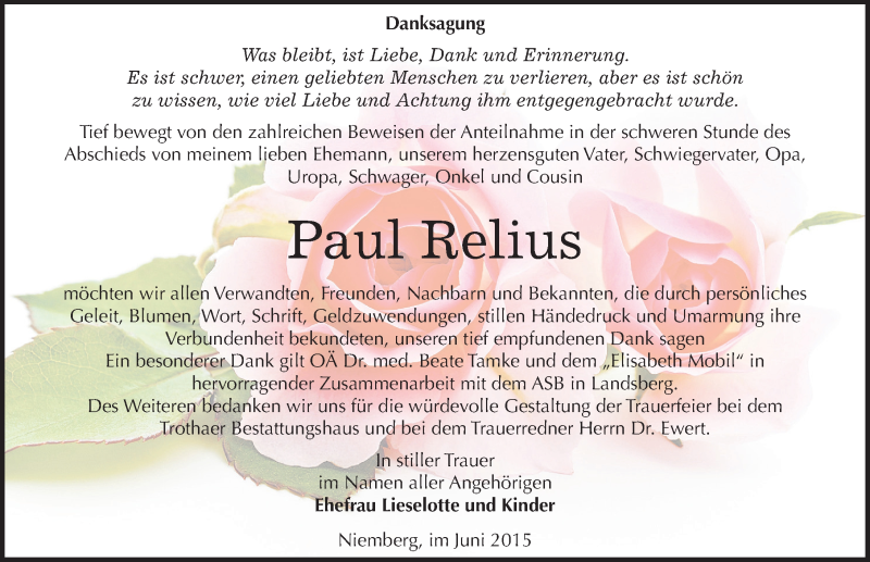  Traueranzeige für Paul Relius vom 06.06.2015 aus Mitteldeutsche Zeitung Halle/Saalkreis