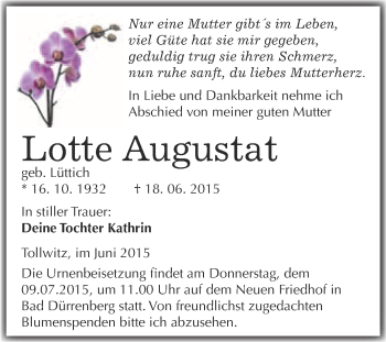 Traueranzeige von Lotte Augustat von Super Sonntag Merseburg