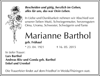 Traueranzeige von Marianne Barthol von Mitteldeutsche Zeitung Halle/Saalkreis