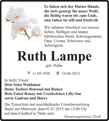 Traueranzeige von Ruth Lampe von Super Sonntag Quedlinburg