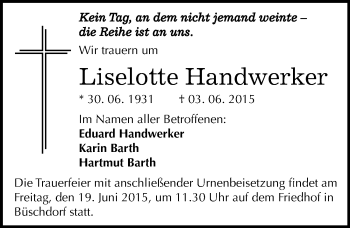 Traueranzeige von Liselotte Handwerker von Mitteldeutsche Zeitung Halle/Saalkreis