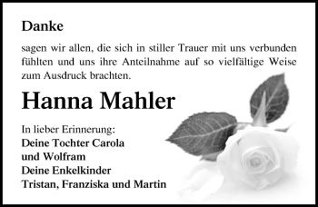 Traueranzeige von Hanna Mahler von Mitteldeutsche Zeitung Weißenfels