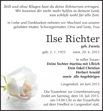 Traueranzeige von Ilse Richter von Mitteldeutsche Zeitung Weißenfels