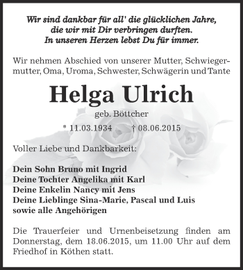 Traueranzeige von Helga Ulrich von WVG - Wochenspiegel Dessau / Köthen