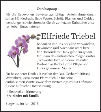 Traueranzeige von Elfriede Triebel von WVG - Wochenspiegel Wittenberg