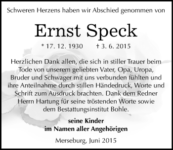 Traueranzeige von Ernst Speck von Mitteldeutsche Zeitung Merseburg/Querfurt