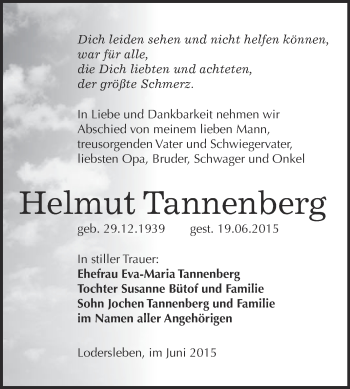 Traueranzeige von Helmut Tannenberg von WVG - Wochenspiegel Merseburg