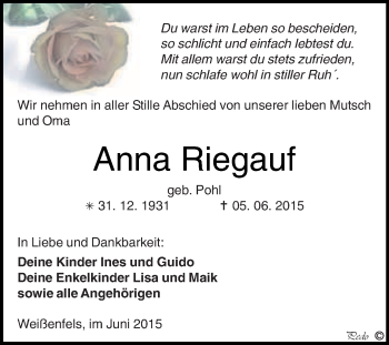 Traueranzeige von Anna Riegauf von WVG - Wochenspiegel NMB / WSF / ZTZ