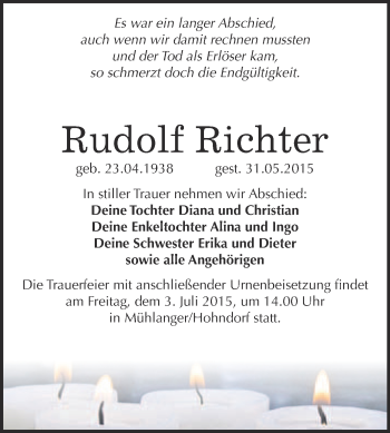 Traueranzeige von Rudolf Richter von WVG - Wochenspiegel Wittenberg