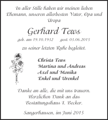 Traueranzeige von Gerhard Tews von Super Sonntag SGH Mansf. Land