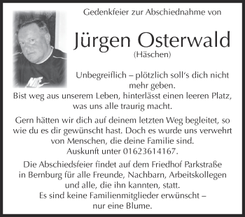 Traueranzeige von Jürgen Osterwald von Super Sonntag Bernburg