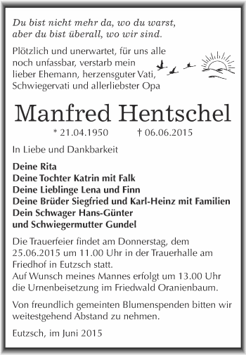 Traueranzeige von Manfred Hentschel von WVG - Wochenspiegel Wittenberg