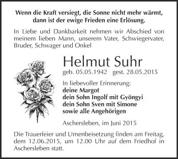 Traueranzeige von Helmut Suhr von Super Sonntag Aschersleben