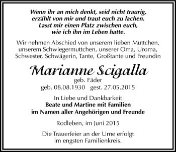 Traueranzeige von Marianne Scigalla von Mitteldeutsche Zeitung Dessau-Roßlau