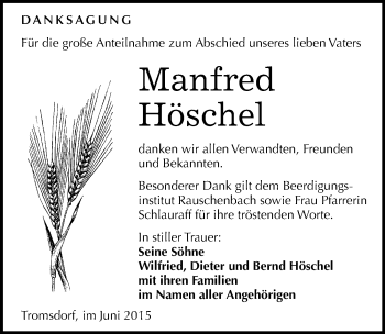 Traueranzeige von Manfred Höschel von Mitteldeutsche Zeitung Naumburg/Nebra