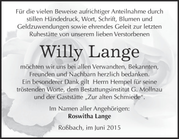 Traueranzeige von Willy Lange von WVG - Wochenspiegel Merseburg