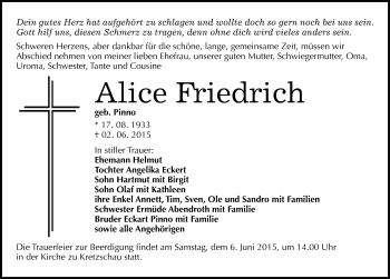 Traueranzeige von Alice Friedrich von Mitteldeutsche Zeitung Zeitz