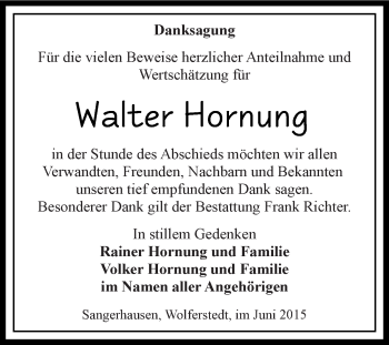 Traueranzeige von Walter Hornung von WVG - Wochenspiegel SGH