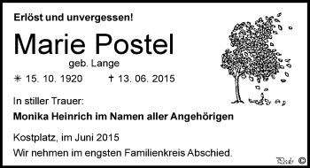 Traueranzeige von Marie Postel von Mitteldeutsche Zeitung Weißenfels