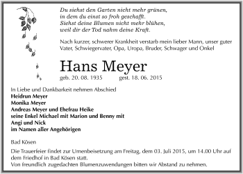 Traueranzeige von Hans Meyer von Mitteldeutsche Zeitung Naumburg/Nebra