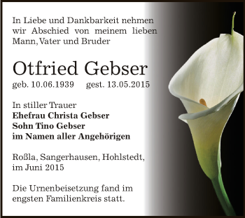 Traueranzeige von Otfried Gebser von Super Sonntag SGH Mansf. Land