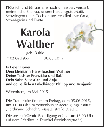 Traueranzeige von Karola Walther von WVG - Wochenspiegel Wittenberg