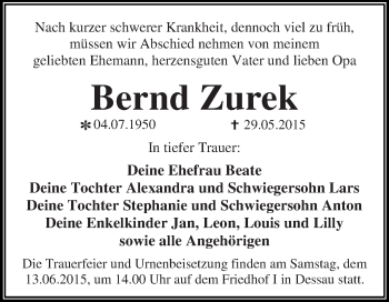 Traueranzeige von Bernd Zurek von WVG - Wochenspiegel Dessau / Köthen