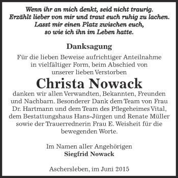 Traueranzeige von Christa Nowack von Super Sonntag Aschersleben