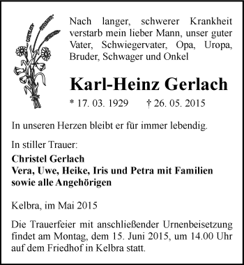 Traueranzeige von Karl-Heinz Gerlach von Mitteldeutsche Zeitung Sangerhausen