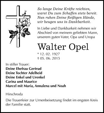 Traueranzeige von Walter Opel von Mitteldeutsche Zeitung Naumburg/Nebra