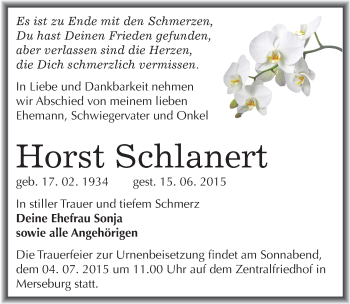 Traueranzeige von Horst Schlanert von Mitteldeutsche Zeitung Merseburg/Querfurt