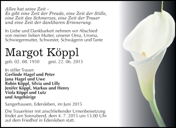 Traueranzeige von Margot Köppl von Super Sonntag SGH Mansf. Land