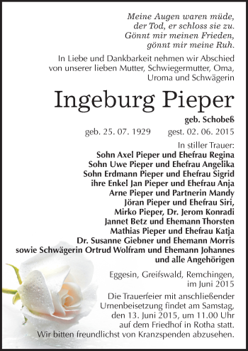Traueranzeige von Ingeburg Pieper von Mitteldeutsche Zeitung Sangerhausen