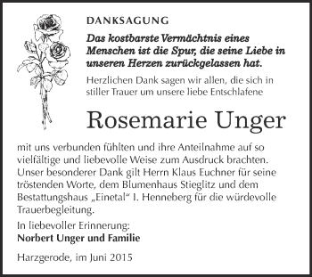 Traueranzeige von Rosemarie Unger von Super Sonntag Quedlinburg