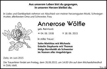 Traueranzeige von Annerose Wölfle von Mitteldeutsche Zeitung Zeitz