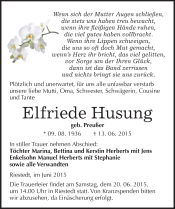 Traueranzeige von Elfriede Husung von Mitteldeutsche Zeitung Sangerhausen