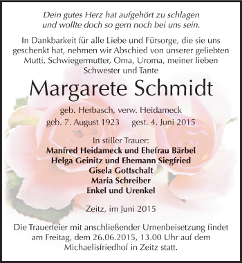 Traueranzeige von Margarete Schmidt von Mitteldeutsche Zeitung Zeitz