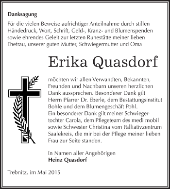 Traueranzeige von Erika Quasdorf von WVG - Wochenspiegel Merseburg