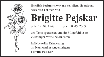 Traueranzeige von Brigitte Pejskar von Super Sonntag Wittenberg