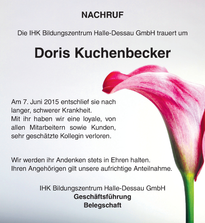  Traueranzeige für Doris Kuchenbecker vom 15.06.2015 aus Mitteldeutsche Zeitung
