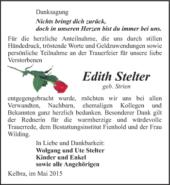 Traueranzeige von Edith Stelter von Mitteldeutsche Zeitung Sangerhausen