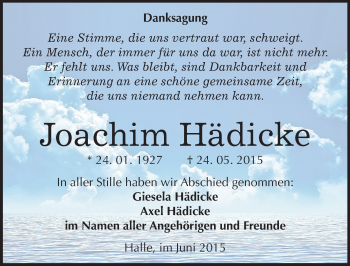 Traueranzeige von Joachim Hädicke von Mitteldeutsche Zeitung Halle/Saalkreis